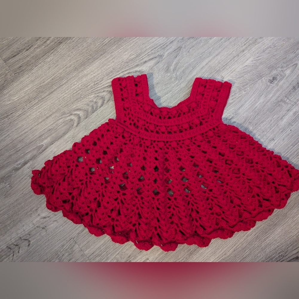 Handmade Crochet Baby Dress Red Cotton Size 6-18 Months